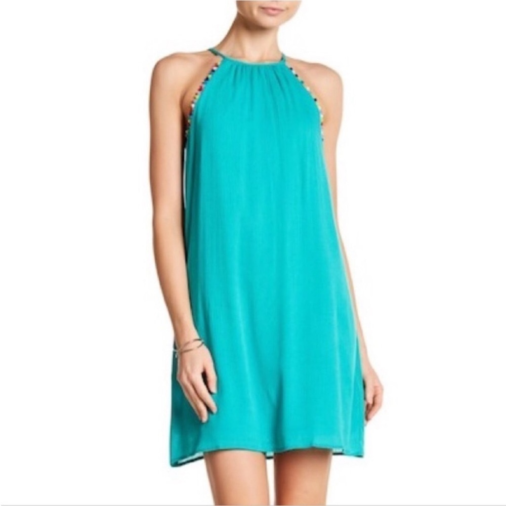 The Vanity Room Teal Pom Pom Halter Dress Sz Small